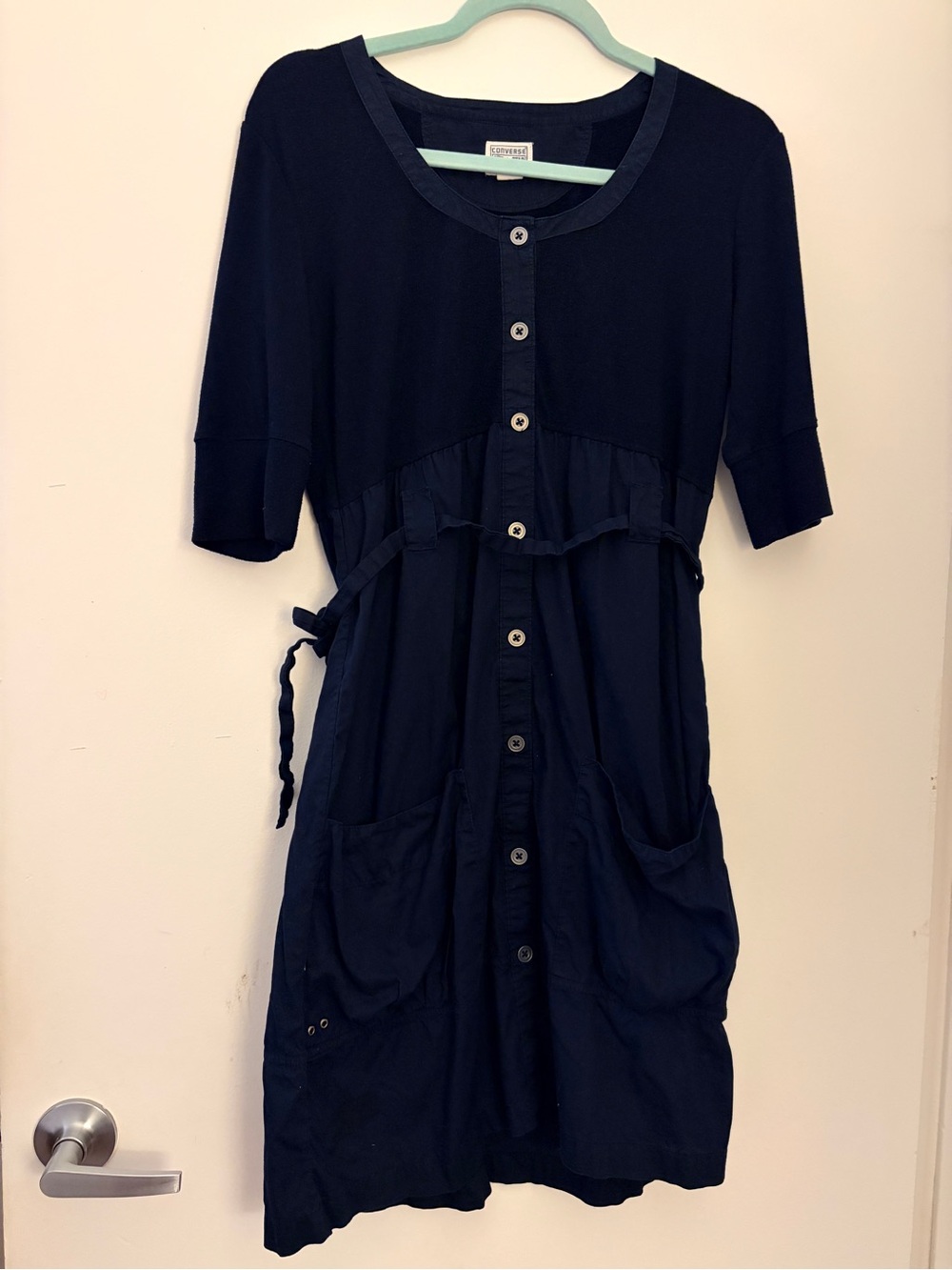 Free with purchase Converse Navy Button-Front Midi Dress with Tie Waist